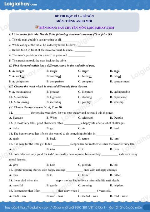 Đề số 9 - Đề kiểm tra học kì 1 - Tiếng Anh 8 mới